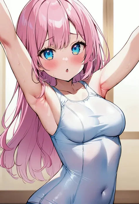 School Swimsuit、Show your armpits、Pink haired woman、blue eyes