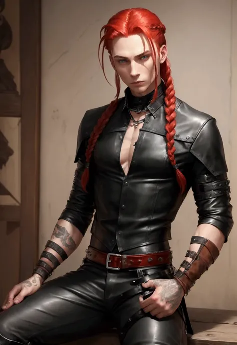 ((best qualityer)), ((work of art)), (detailded), 1 men, Youngh, skin fair, Red hair, long, braided hair, braids, greeneyes, Scrawny, Whip, black leagwear, leather outfit, edgy look, leather shirt with open sides, leather pants, leather boots