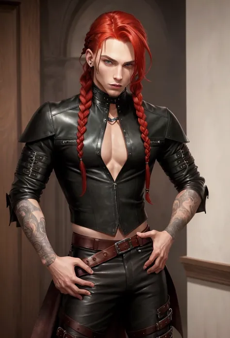 ((best qualityer)), ((work of art)), (detailded), 1 men, Youngh, skin fair, Red hair, long, braided hair, braids, greeneyes, Scrawny, Whip, black leagwear, leather outfit, edgy look, leather shirt with open sides, leather pants, leather boots