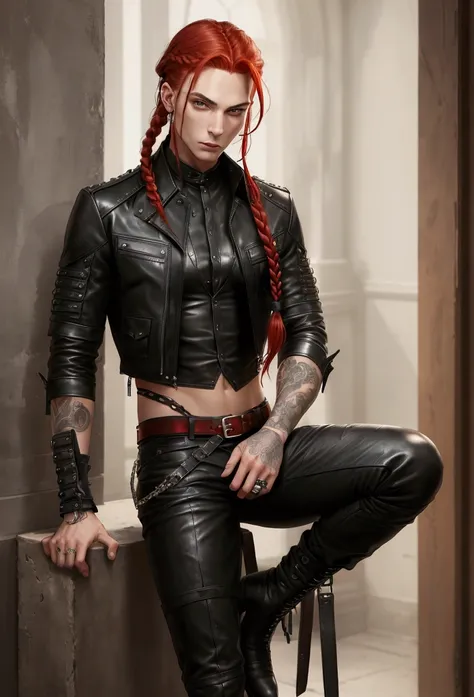 ((best qualityer)), ((work of art)), (detailded), 1 men, Youngh, skin fair, Red hair, long, braided hair, braids, greeneyes, Scrawny, Whip, black leagwear, leather outfit, edgy look, leather shirt with open sides, leather pants, leather boots