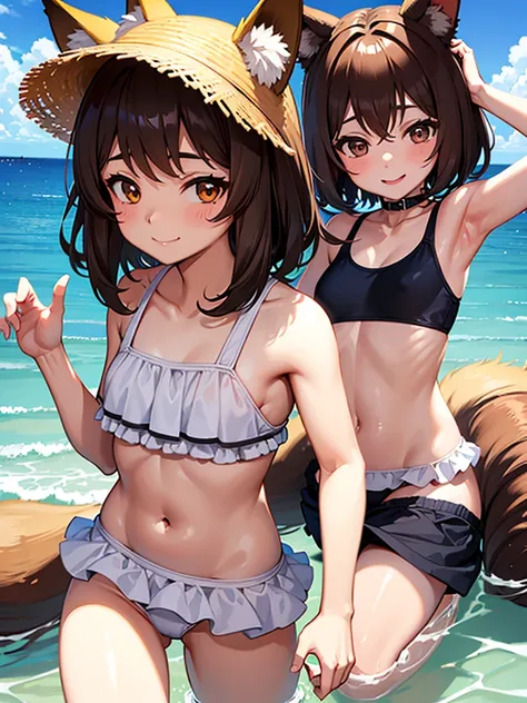 A cute little lowteen anime girl, short brown wavy hair, id shot, anime style, big shiny brown eyes, fox ears, 11 years old, summer, swimsuits,seaside,smile