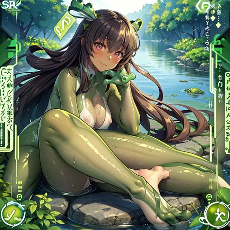 ((Highest quality)), ((masterpiece)), (detailed), （Perfect Face）、The woman is Yukikaze Mizuki, with medium-long brown hair and dark skin.、The woman is naked and has the body of a frog, a perfect frog girl, with webbed hands and feet, a frog-like posture, a...