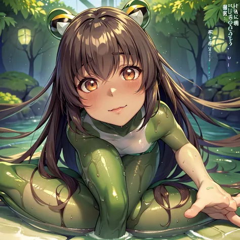 ((Highest quality)), ((masterpiece)), (detailed), （Perfect Face）、The woman is Yukikaze Mizuki, with medium-long brown hair and dark skin.、The woman is naked and has the body of a frog, a perfect frog girl, with webbed hands and feet, a frog-like posture, a...