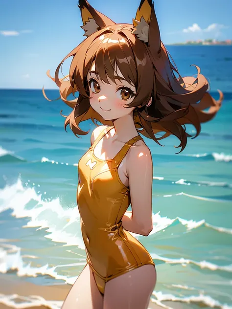 A cute little lowteen anime girl, short brown wavy hair, id shot, anime style, big shiny brown eyes, fox ears, 11 years old, summer, swimsuits,seaside,smile