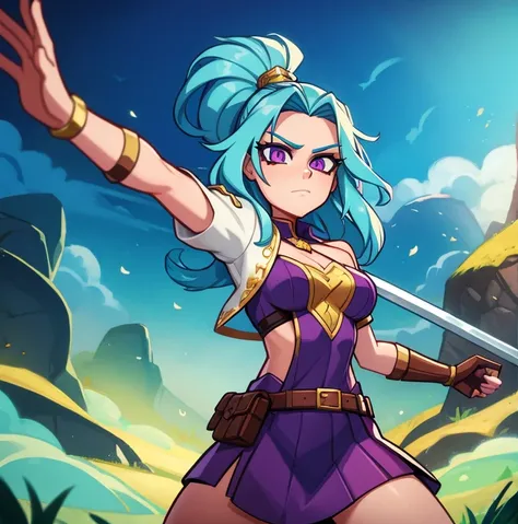 an animated character is in the background of a video game screener and an image of a girl in an with a sword on her shoulder and her breasts spread out