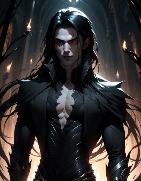 {anatomy}(Masterpiece - Ultra-detailed, very high resolution) Prepare to be enchanted by a true masterpiece that combines ultra-detailed art with high-resolution rendering. This work portrays a vampire man with long black hair (1.3) and captivating golden ...