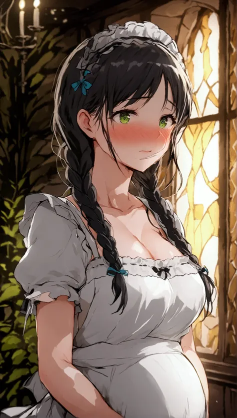 anime. 1 girl. housemaid. pregnant. black hair. long hair. hair is gathered in braids. green eyes. beautiful eyes. perfect eyes....