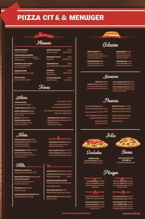 Create a menu with pizza and hamburgers 