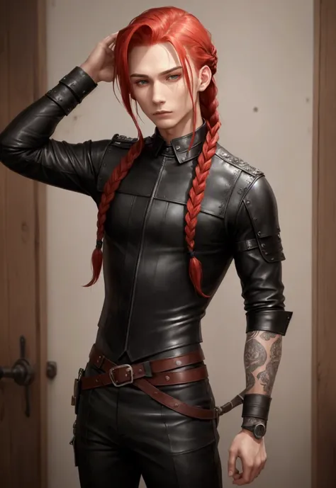 ((best qualityer)), ((work of art)), (detailded), 1 men, Youngh, skin fair, Red hair, long, braided hair, a braid, 精致的面容, greeneyes, Scrawny, Whip, black leagwear, leather outfit, edgy look, leather shirt with open sides, leather pants, Mediovale, RPG