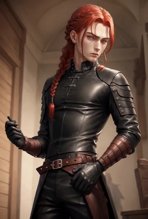 ((best qualityer)), ((work of art)), (detailded), 1 men, Youngh, skin fair, Red hair, long, braided hair, a braid, 精致的面容, greeneyes, Scrawny, Whip, black leagwear, leather outfit, edgy look, leather shirt with open sides, leather pants, Mediovale, RPG