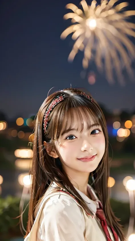 smile、high school girl、uniform、With fireworks in the background、Tokyo Sky Tree