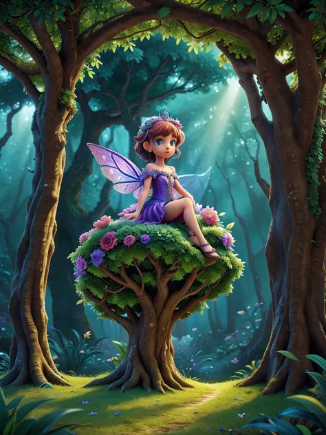 Matte painting, young fairy perched on a twisted ancient tree in an enchanted forest, surrounded by magic mystic flora, glowing wonderland ambiance, colors bursting with life, ultra high-quality, intricate wings patterns catch the light, epic sense of wond...