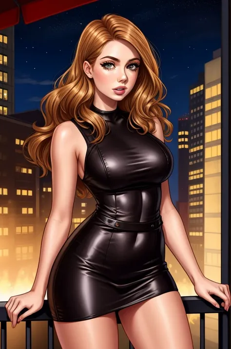 detailed Karen Gillan dress,leather,

copper hair,golden hair,night black hair,

urban setting
1girl, sexy 19 year old woman