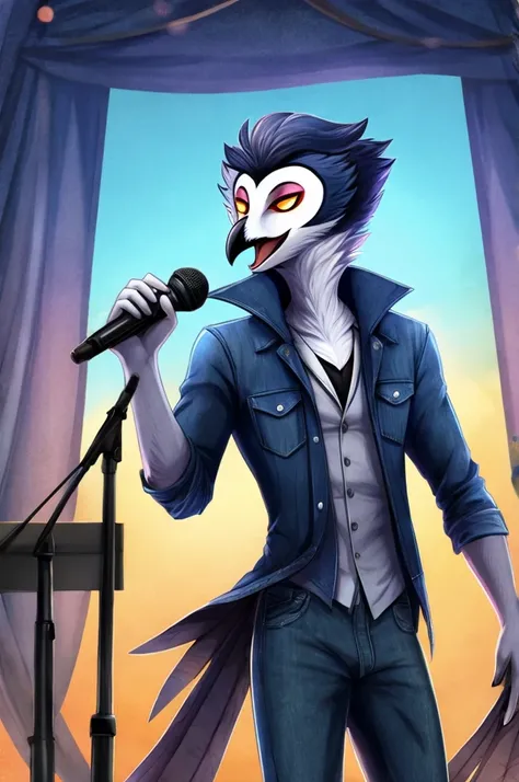 An owl like stolas in a denim jacket singing with microphone 