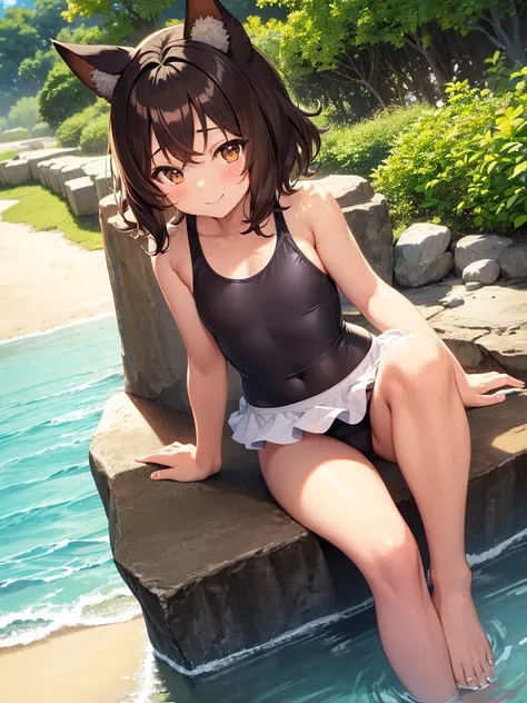 A cute little lowteen anime girl, short brown wavy hair, id shot, anime style, big shiny brown eyes, fox ears, 11 years old, summer, swimsuits,seaside,smile