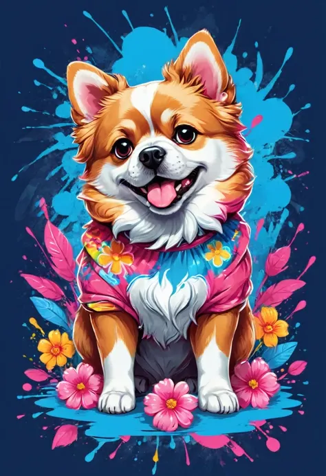 A t-shirt with vector art of a colorful illustration,  Russian toy dog, pink flowers, At the center, swirly vibrant colors, paint splashes and smears, high détail, blue background, t-shirt designs
(artwork, best quality, proffesional, perfect composition, ...