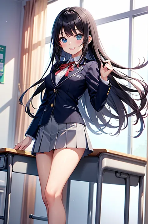 masterpiece, Highest quality, Black Haired Beautiful Girl（Blue Eyes、big eyes）、Straight Long Hair（swept bangs）high school girl、Blazer-type uniform（ribbon（Red stripes on a white background））、Grey quilted mini skirt、miduam weight.Medium sized 、Thighs、A refres...