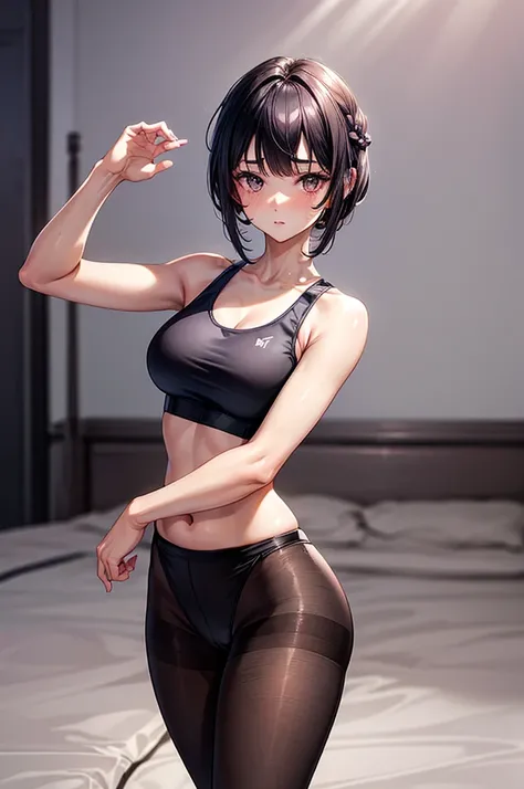 ((highest quality)),(ultra high resolution),(Super detailed),(detailed description),((best CG)),(best work of art),super precision art, great drawing art,(Art with precise details:1.5), (sleeveless sports bra with waist high plain style pantyhose 1 woman:1...