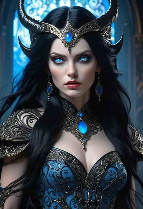 a beautiful demon queen with long black hair and piercing blue eyes, looking up with an intense gaze, highly detailed, masterpiece, best quality, photorealistic, 8k, cinematic lighting, dramatic shadows, fantasy, dark ethereal beauty, intricate ornate deta...