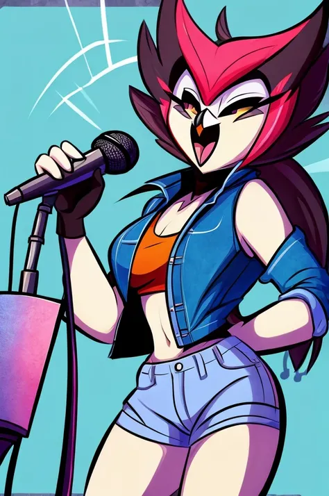 An owl in Vivziepop drawing style wearing a denim jacket singing with microphone 