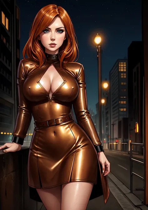 detailed Karen Gillan dress,leather,

copper hair,golden hair,night black hair,

urban setting
1girl, sexy 19 year old woman