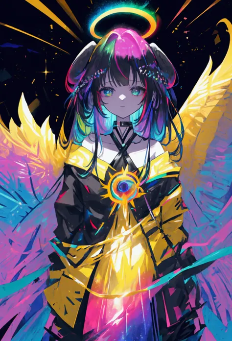 rainbow Galaxy goddess, galaxy aesthetic, black background, overwhelmingly bright, rainbow halo, glowing, plasma body