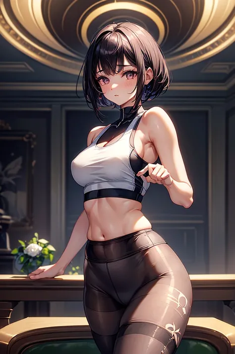 ((highest quality)),(ultra high resolution),(Super detailed),(detailed description),((best CG)),(best work of art),super precision art, great drawing art,(Art with precise details:1.5), (sleeveless sports bra with waist high plain style pantyhose 1 woman:1...