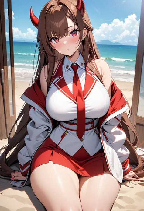 an anime girl posing in in red and white outfit on the beach for a photo shoot, the person has horns and eyes, 1girl,big breasts, breasts, thick, thick thighs, solo, long hair, sitting, horns, skirt, red eyes, large breasts, off shoulder, shirt, looking at...