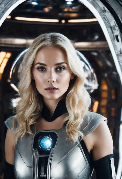 Beautiful blonde woman in a spaceship