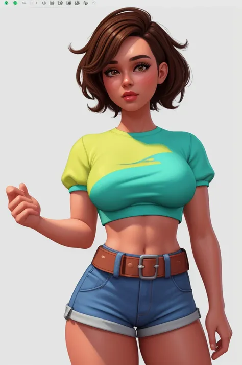 pretty woman, (1girl:1.3),

Peplum Top,
Brown highlights hair,
Pixie cut,
High-waisted shorts,
rubenesque, pinup,
cowboy shot, standing , in a retro-futuristic setting, atompunk style,white background, blank background,, (Extremely Detailed Oil Painting:1....