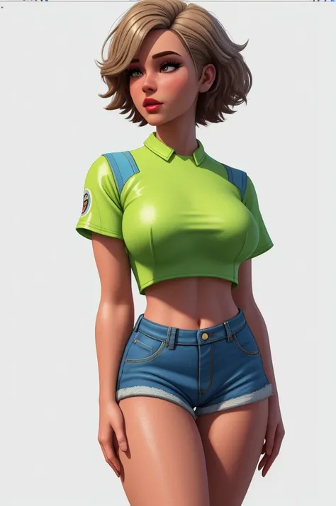 pretty woman, (1girl:1.3),

Peplum Top,
Brown highlights hair,
Pixie cut,
High-waisted shorts,
rubenesque, pinup,
cowboy shot, standing , in a retro-futuristic setting, atompunk style,white background, blank background,, (Extremely Detailed Oil Painting:1....