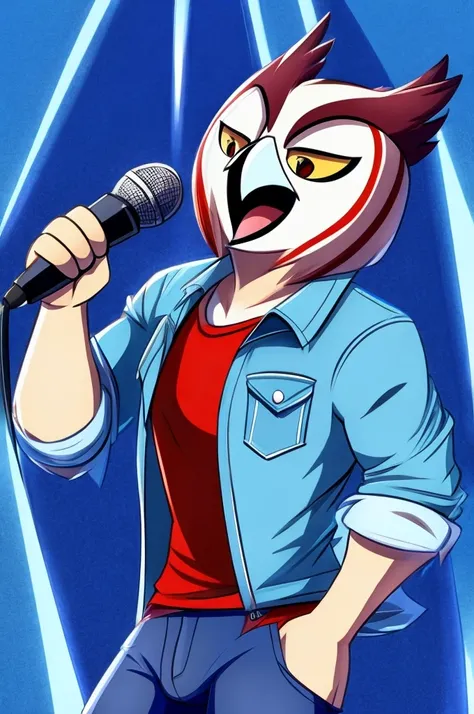 A male owl in Vivziepop drawing style wearing a denim jacket singing with microphone