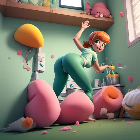 mom \(dexter's laboratory\), showing the ass, dark green leggings, in puppy pose, cleaning the floor with a sponge