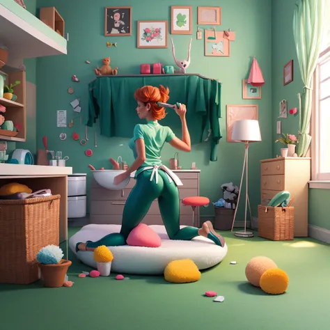 Mom (Dexters Laboratory), showing the ass, dark green leggings, in puppy pose, cleaning the floor with a sponge