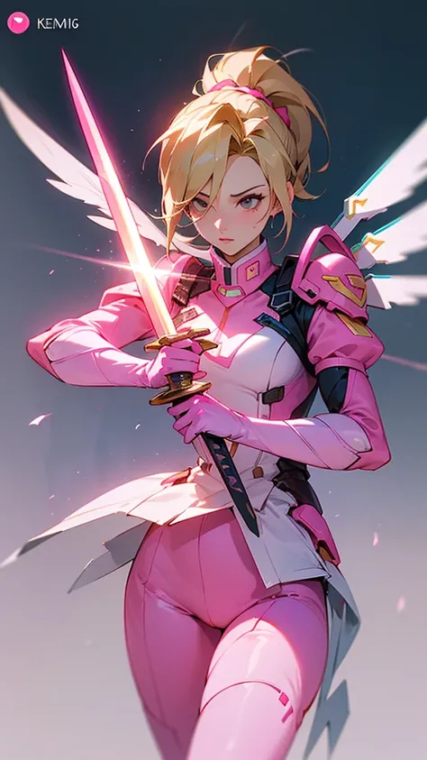 Close-up of a woman in a pink suit holding a sword, Mercy from Supervision game (2016), screenshot from Supervision, from Supervision, Supervision character, Mercy ( Supervision ), Mercy from Supervision, Supervision skin, as an Supervision character, Supe...