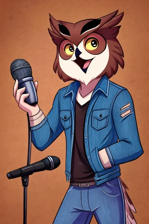 A male owl in Vivziepop drawing style wearing a denim jacket singing with microphone