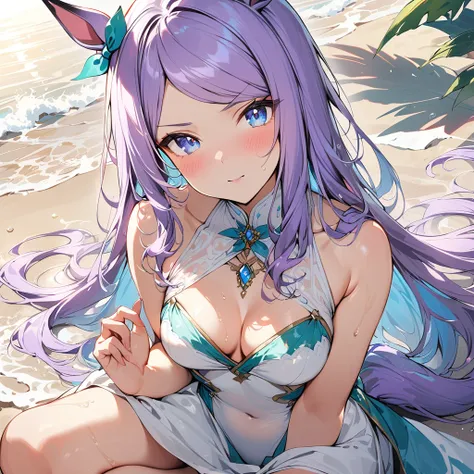 ((16k, highest quality, master piece: 1.2, super detailed, super high resolution, super detailed)),  1 girl, Mejiro McQueen (umamusume), Light purple hair, Long Hair, straight hair,  one girl, animal ears, horse tail, Blue Eyes, fashionable, elegance, char...