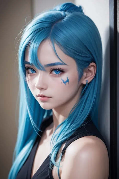 Create a anime of a girl with blue hair and a scar on her face