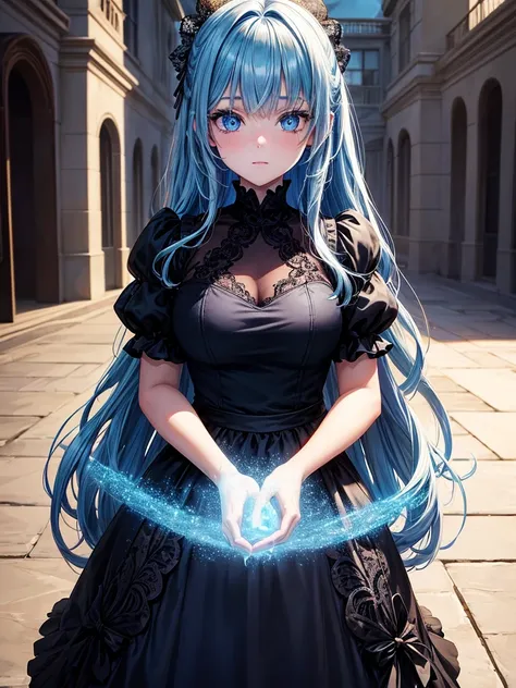 high quality, 16K, Ultra HD, beautiful girl, A digital illustration of anime style, digital paintings of her, The background is the exterior of a creepy Western-style mansion. The background is a creepy Western-style mansion. The girl is wearing a black an...