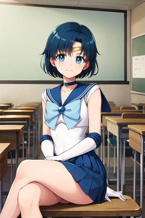 masterpiece, Highest quality, High resolution, Mercury 1, One girl, alone, Sailor Warrior Uniforms, Sailor Mercury, Which is Mizuno, Blue Hair, Magical girl, blue eyes, Blue Skirt, Elbow hand pockets, tiara, Pleated skirt, Hair Ribbon, Blue sailor collar, ...