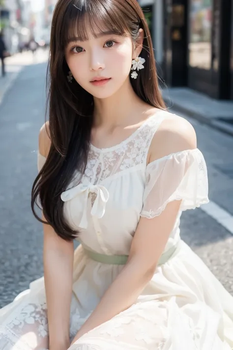 ((Highest quality, 8K, masterpiece :1.3)), 1 Girl, smile, whole body, Face thinning, Beautiful woman, (Dark brown hair), Full-length dress :1.1, Highly detailed face, Delicate eyes, double eyelid, Blurred Background, Face thinning, city, External, street, ...