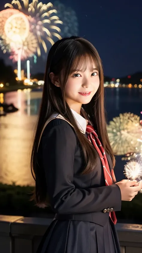 smile、high school girl、uniform、With fireworks in the background、Beautiful night view、