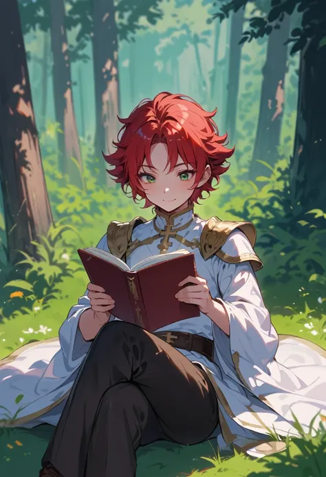 young boy, naughty man, reading alone, lying on the grass in a lush green forest, tall and slim, youthful face, Red hair, greeneyes, skin fair, has a simple smile, cross legs, reading a brown book, has white clothes and used brown pants