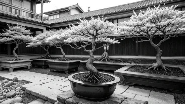 bonsai, cherry trees in natural vegetation in free nature in black and white