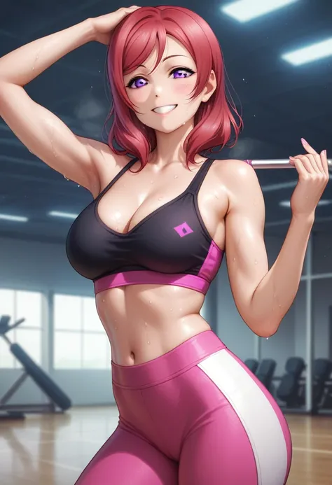 masterpiece, best quality, highres, nishikino maki,purple eyes,red hair, cowboy shot, pink skinny sweet pants, tight gym bra, sweating,sweat drops , slightly smile, (cleavage:0.7), thicc thighs, realistic art , curvy , sexual seduction, love live 