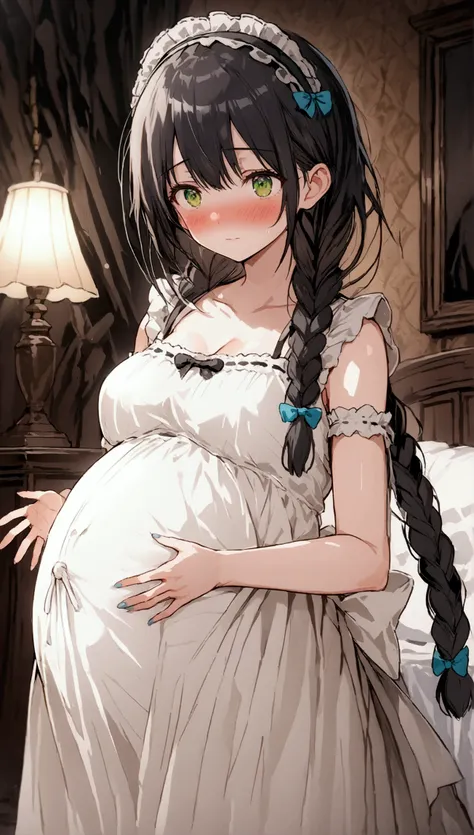 Anime. 1 girl. Housemaid. Pregnant. Black hair. Long hair. Hair is gathered in braids. Green eyes. Beautiful eyes. Perfect eyes. Expressive eyes. Beautiful nose. Ideal anatomical body. Beautiful graceful hands. Beautiful graceful legs. Medium breasts. Beau...