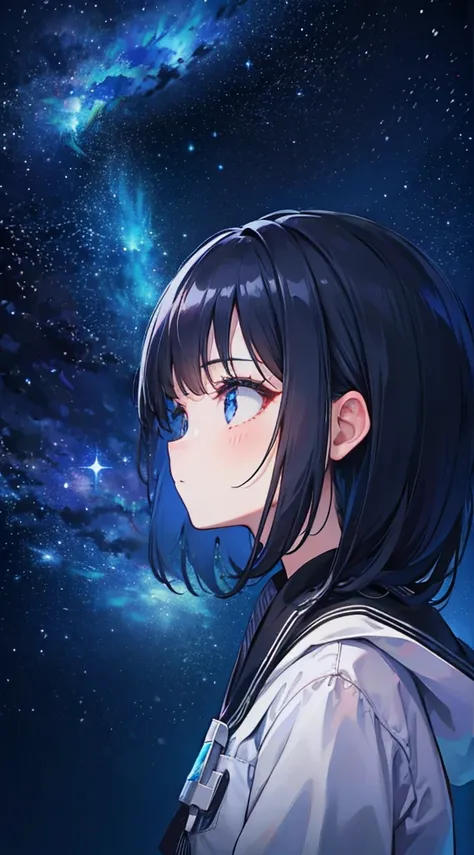 Girl staring at the stars，（Side view：1.4），Eyes in focus，Perfectcomposition，，8K，ultradetailed，tmasterpiece，Accurate，Detailed pubic hair，