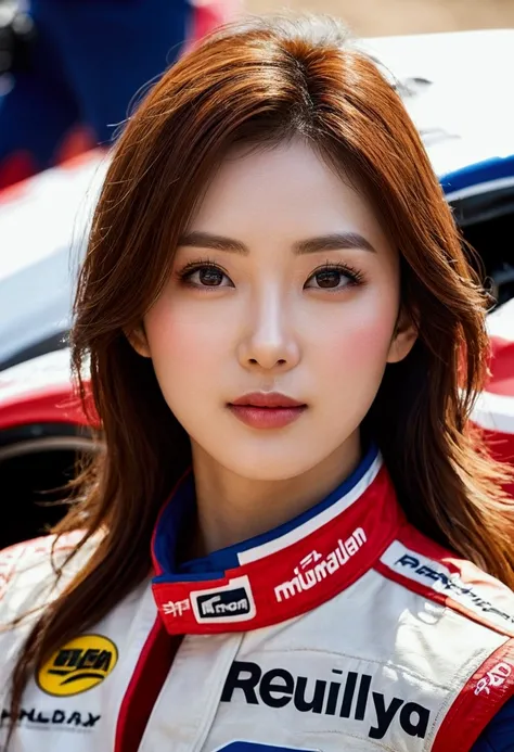 (Highly detailed body、Highly detailed face、Highest quality:1.2)、woman、Looking at the audience、(rally racer、womanドライバー）