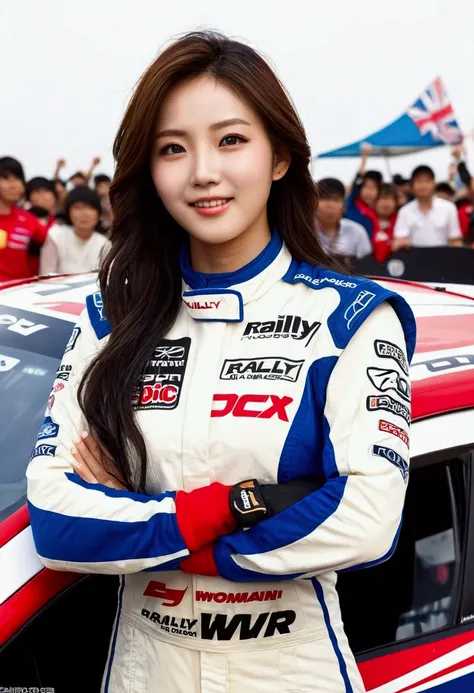 (Highly detailed body、Highly detailed face、Highest quality:1.2)、woman、Looking at the audience、(rally racer、womanドライバー）