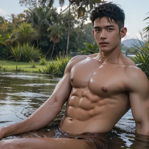 photorealistic,shirtless muscular man, wet body for highlights , half body in mud pit, struggling posture,